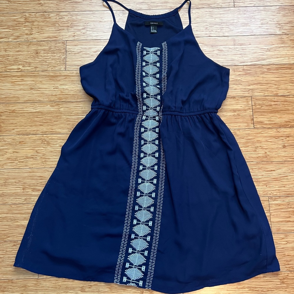 Navy mini dress with embroidered detail